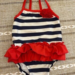 Carter's Navy and White Stripe One-Piece with Red Ruffle Trim